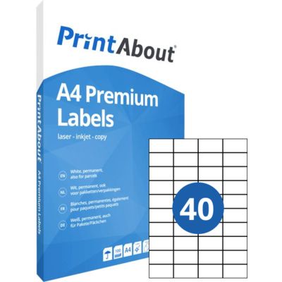 PrintAbout Premium A4 stickervel 40 per vel (52,5mm x 29,7mm)